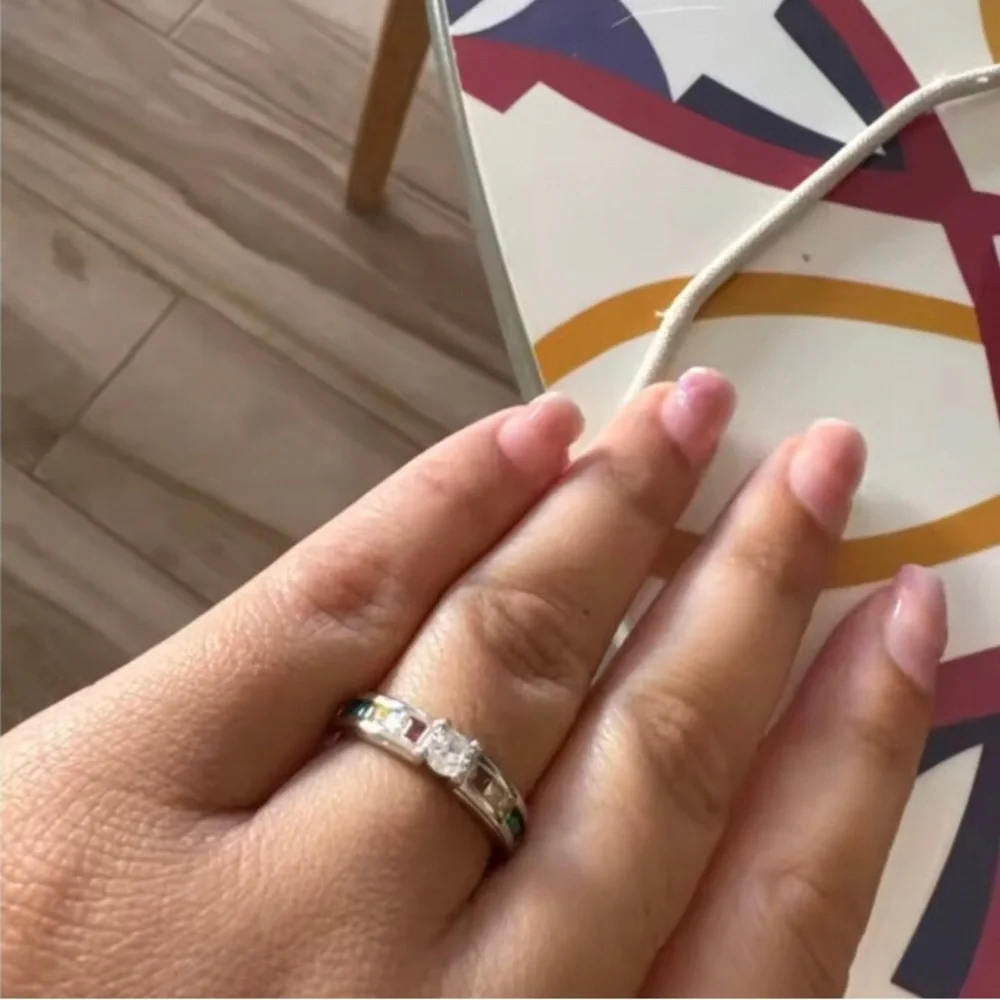 NEW 925 COLORFUL RAINBOW CZ PRINCESS SQUARE SIMULATED BAGUETTE STONE SILVER RING